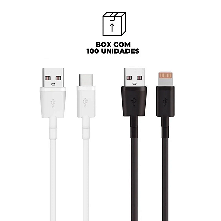 Box 100 unidades - Cabo Dinamic Lightning, Tipo C e Micro USB V8 - 1m e 2m - Gshield