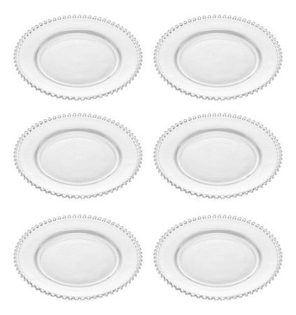 Jogo 6 Pratos Rasos Almoço Jantar De Cristal 28cm