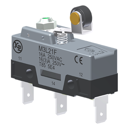 Microrutor Básico 16A, 1Na+1Nf, Alavanca Rígida Curta Com Rolete, Terminal Faston 6,3X0,8Mm M3L21F Kap