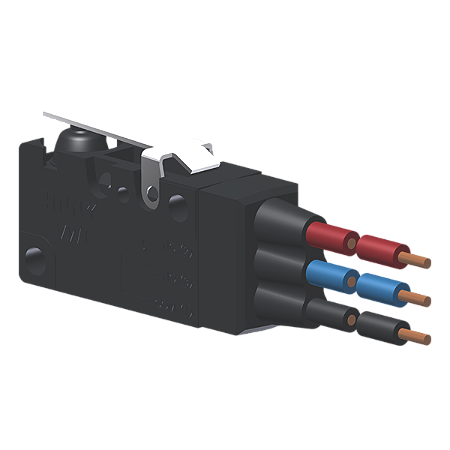 Microrutor Miniat.Protegido 6A Contato Na+Nf Alavanca Rígida Plana Curta Afastada Do Botão, 3 Cabos De Ligação 18 Awg, N MVP6G1W Kap