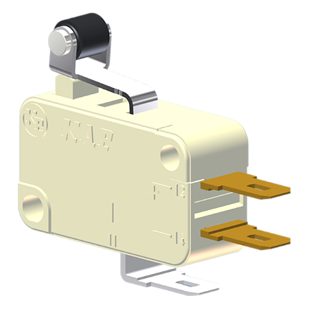 Microrutor Miniatura 15A, 1Na+1Nf, Alavanca Curta Com Rolete, Terminal Faston 4,8X0,5Mm MV71J1CA1 Kap