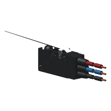 Microrutor Miniatura Protegido 6A Contato Na+Nf Alav. Rígida Plana Longa Afastada Do Botão, 3 Cabos De Ligação 18 Awg, N MVP6G5W Kap