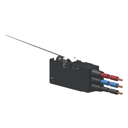 Microrutor Miniatura Protegido 6A Contato Na+Nf Alav. Rígida Plana Longa Próxima Ao Botão, 3 Cabos De Ligação 18 Awg, Na MVP6G6W Kap