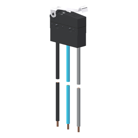 Microrutor Subminiat. Protegido 10A Contato Na+Nf Alav. Flexível Curta C/ Roldana Simulada, 3 Cabos De Ligação, 20 Awg, MMP1U1NW Kap