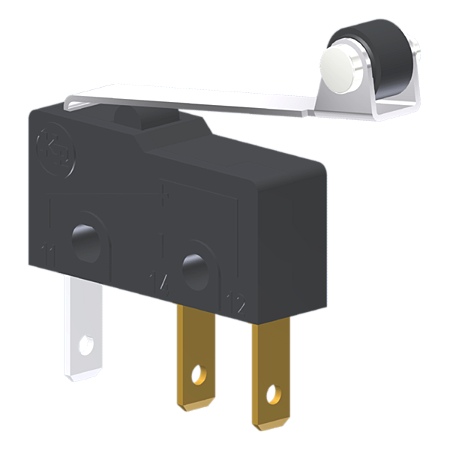 Microrutor Subminiatura 5A, 1Na+1Nf, Alavanca Flexível Com Rolete, Terminal Faston 2,8X0,5Mm MM2R3NF Kap