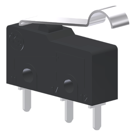 Microrutor Subminiatura 5A, 1Na+1Nf, Alavanca Flexível Curta C/ Rolete Simulado, Terminal Circuito Impresso MM1U1NI Kap