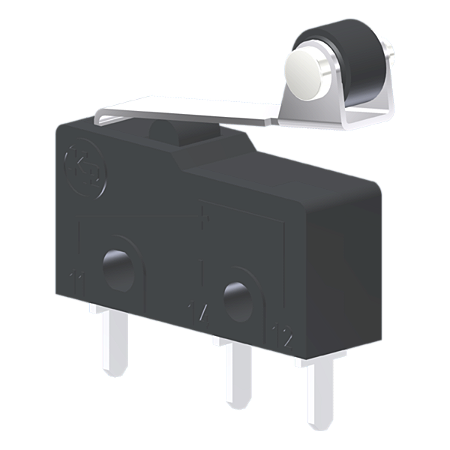 Microrutor Subminiatura 5A, 1Na+1Nf, Alavanca Flexível Curta Com Rolete, Terminal Circuito Impresso MM1R1NI Kap