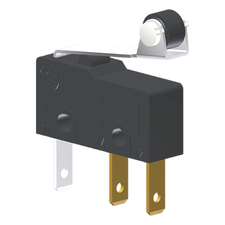 Microrutor Subminiatura 5A, 1Na+1Nf, Alavanca Flexível Curta Com Rolete, Terminal Faston 2,8X0,5Mm MM1R1NF Kap