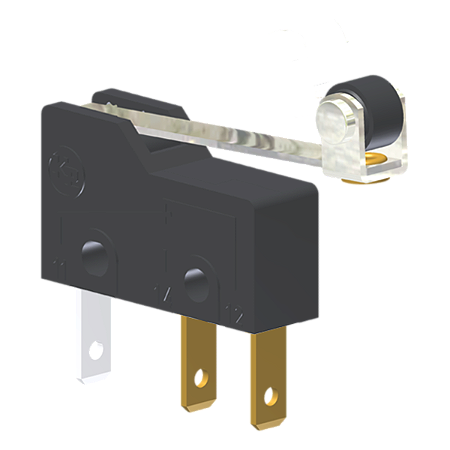 Microrutor Subminiatura 5A, 1Na+1Nf, Alavanca Rígida Com Rolete, Terminal Faston 2,8X0,5Mm MM2J3NF Kap