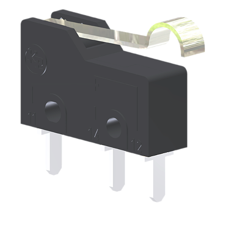Microrutor Subminiatura 5A, 1Na+1Nf, Alavanca Rígida Curta Com Rolete Simulado, Terminal Circuito Impresso MM1D1NI Kap