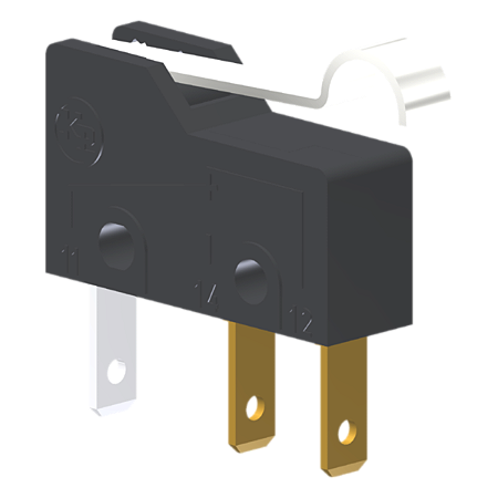 Microrutor Subminiatura 5A, 1Na+1Nf, Alavanca Rígida Curta Com Rolete Simulado, Terminal Faston 2,8X0,5Mm MM1D1EF Kap