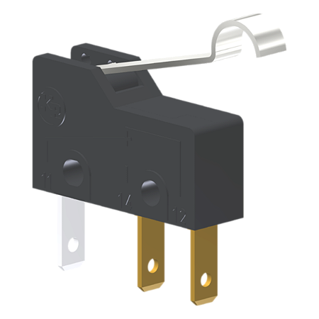Microrutor Subminiatura 5A, 1Na+1Nf, Alavanca Rígida Curta Com Rolete Simulado, Terminal Faston 2,8X0,5Mm MM1D2EF Kap