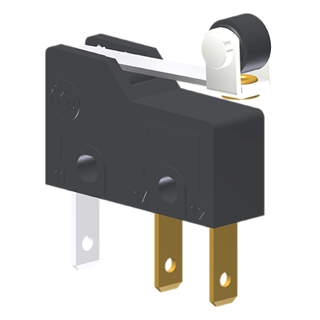 Microrutor Subminiatura 5A, 1Na+1Nf, Alavanca Rígida Curta Com Rolete, Terminal Faston 2,8X0,5Mm MM2J1NF Kap