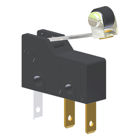 Microrutor Subminiatura 5A, 1Na+1Nf, Alavanca Rígida Curta Com Rolete, Terminal Faston 2,8X0,5Mm MM2J2NF Kap