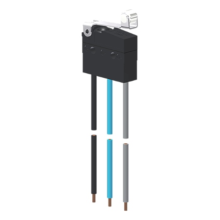 Microrutor Subminiatura Protegido 10A Contato Na+Nf Alavanca Flexível Curta C/ Roldana, 3 Cabos De Ligação, 20 Awg, Na A MMP1R1NW Kap