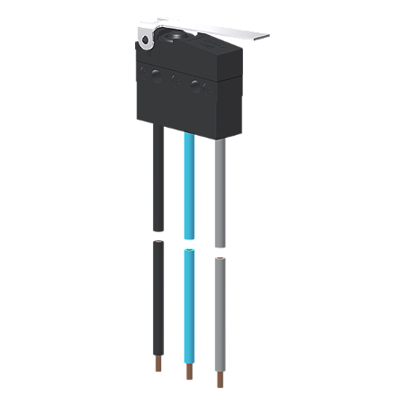Microrutor Subminiatura Protegido 10A Contato Na+Nf Alavanca Flexível, 3 Cabos De Ligação, 20 Awg, Na Azul, Nf Cinza, Pc MMP1E3NW Kap