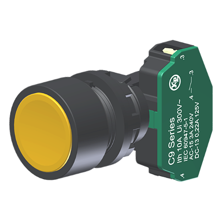 Botão Compacto Raso Amarelo Moldura Redonda 1Na P/ Furo 22Mm C9BNA10 Kap