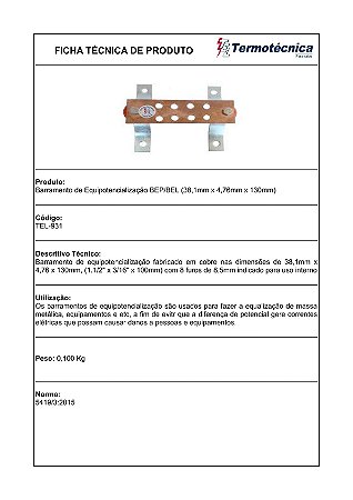 Bep/Bel 38,1 X 4,76 X 130Mm – 8Furos Diam 8,5Mm Tel-931 Termotécnica