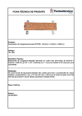 Bep/Bel 63,5 X 6,35 X 300Mm – 7Furos Diam 6,35Mm Tel-930 Termotécnica