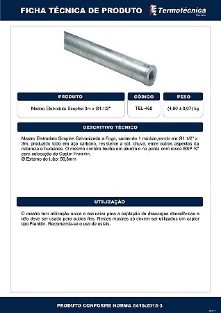 Mastro Eletr Simples Altura 3 Metros Diam. Nominal 1.1/2 Pol. Em Aco Galv. A Fogo Tel-460 Termotécnica