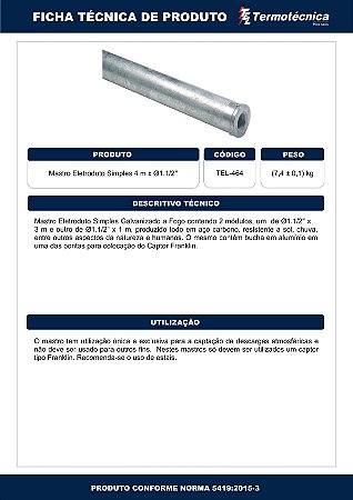 Mastro Eletr Simples Altura 4 Metros Diam. Nominal 1.1/2 Pol. Em Aco Galv. A Fogo Tel-464 Termotécnica