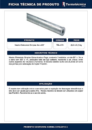 Mastro Eletr Simples Altura 4 Metros Diam. Nominal 2 Pol. Em Aco Galv. A Fogo Tel-474 Termotécnica