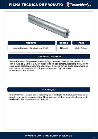 Mastro Eletr Simples Altura 5 Metros Diam. Nominal 1.1/2 Pol. Em Aco Galv. A Fogo Tel-465 Termotécnica
