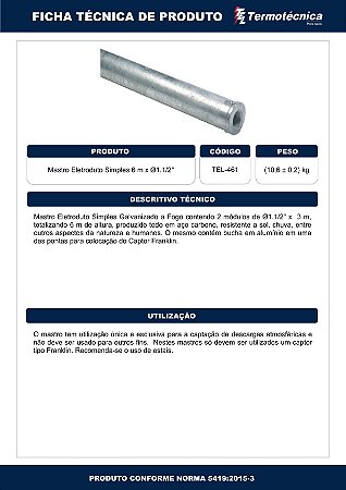Mastro Eletr Simples Altura 6 Metros Diam. Nominal 1.1/2 Pol. Em Aco Galv. A Fogo Tel-461 Termotécnica