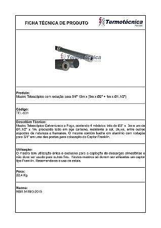 Mastro Eletr Tel-Escopico Altura 10 Metros Em Aco Galv. A Fogo Tel-501 Termotécnica
