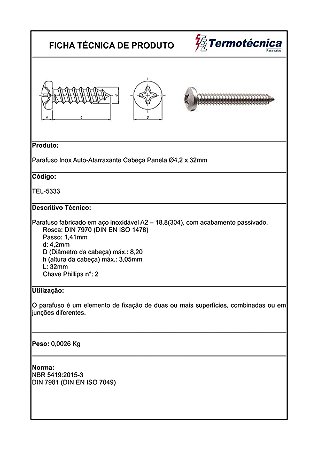 Parafuso Autoatarrachante Em Aco Inox Diam. 4,2 X 32Mm Tel-5333 Termotécnica