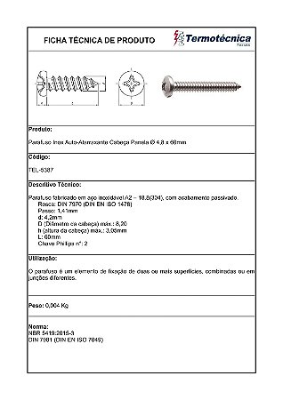 Parafuso Autoatarrachante Em Aco Inox Diam. 4,8 X 60Mm Din 7981C Tel-5387 Termotécnica