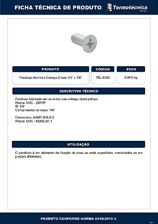 Parafuso De Aluminio Cabeca Chata 1/4 X 7/8 F. Philips Tel-5322 Termotécnica