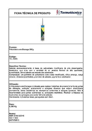 Poliuretano Pu Bisnaga 380 Gramas Tel-5905 Termotécnica