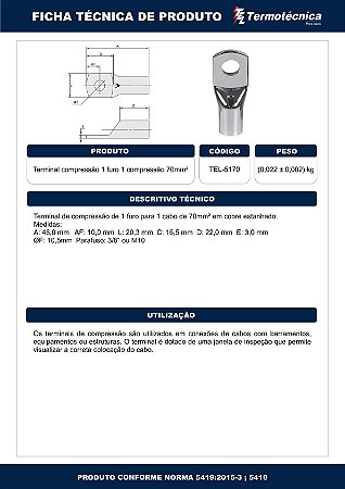 Terminal Estanhado 1 Furo 1 Compressao – 70Mm2 Tel-5170 Termotécnica