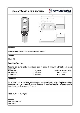 Terminal Estanhado 2 Furo 1 Compressao – 95Mm2 Tel-5179 Termotécnica