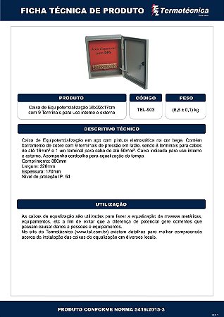 Caixa Equipotencializacao 38 X 32 X 17Cm – 9Terminais Uso Externo Tel-903 Termotécnica