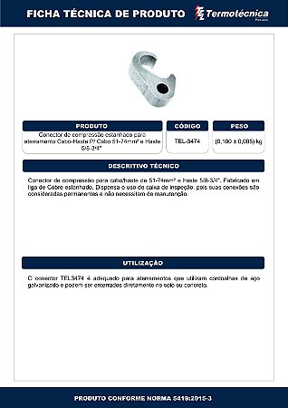 Conector A Compressao Estanhado P/ Aterramento Tp Cabo-Haste Cabo 51-74 Mm2 Haste 5/8-3/4 Pol Tel-3474 Termotécnica