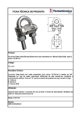 Conector Cabo-Haste Em Bronze Estanhado P/ 2 Cabos Com Acessorios Em Bronze Estanhado 16 – 70Mm2 Tel-571 Termotécnica