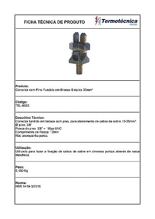 Conector Com Pino 3/8 Fundido Em Bronze 10 – 35Mm2 Tel-6623 Termotécnica