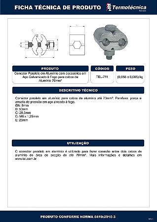 Conector Paralelo Em Aluminio Para Cabo De Aluminio 70Mm2 Tel-711 Termotécnica