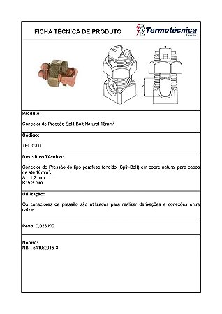 Conector Pressao Split-Bolt 16Mm2 – Acabamento Natural Tel-5011 Termotécnica