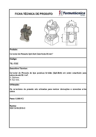 Conector Pressao Split-Bolt 95Mm2 - Acabamento Estanhado Tel-5022 Termotécnica