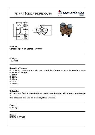 Conector Tipo X Em Bronze Com Acessorios Em Aco Galv. A Fogo 16 – 50Mm2 Tel-6925 Termotécnica