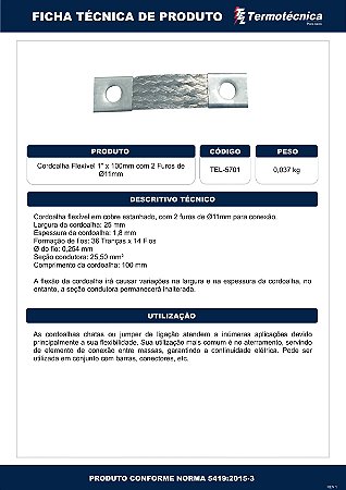 Cordoalha Flexivel De Cobre Estanhado 25X100Mm Com 2 Furos De 11Mm Tel5701