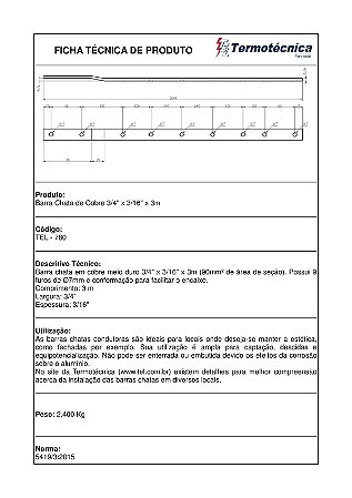 Barra Chata Condutora Em Cobre Com Furos 3/4 X 3/16 X 3M – 90Mm2 Tel-780 Termotécnica