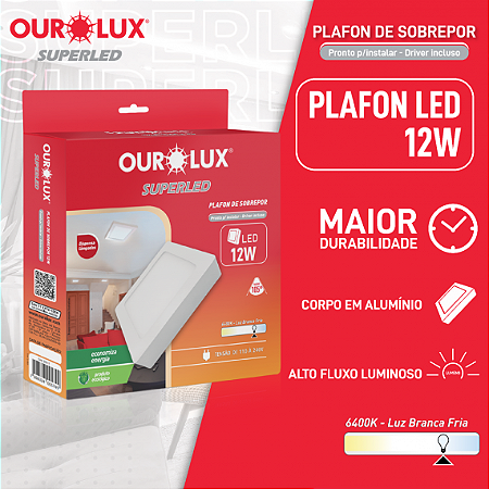 Luminária Tipo Plafon Led Sobrepor 12W 127/220V 6500K Quadrado 03217 Ourolux