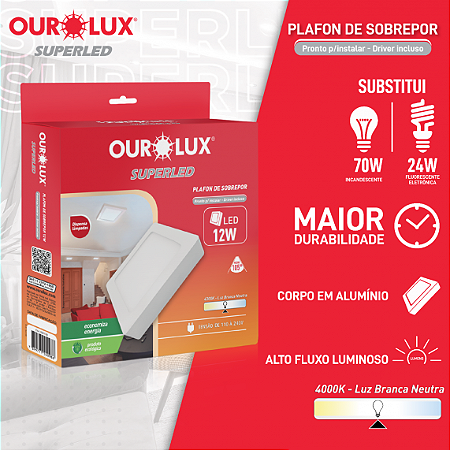 Luminária Tipo Plafon Led Sobrepor 12W Biv4000K Quadrado 03217B Ourolux