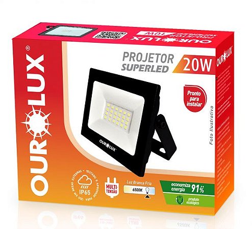 Projetor Led Slim 20W 127/220V Preto 6500K 03261B Ourolux