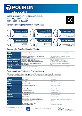 Cabo De Instrumentação Tipo Ta Xlpe 90 °C 300V 12 Ternas 0,5 Mm² Blindagem: Fio De Cobre Poliron 305TA12XLPENHBFR