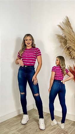 Calça All Jeans Cintura Alta Escura Destroyed